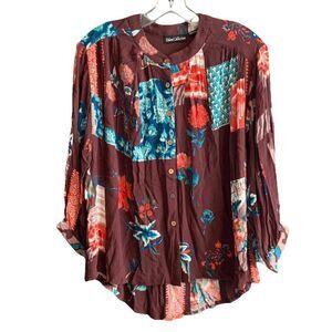 Tolani Collection Button Down Multi Color Floral & Block Top Size Small